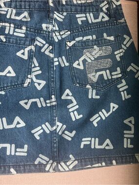 Fila Blue Denim Logo Mini Skirt with Rhinestone Pocket Accent
